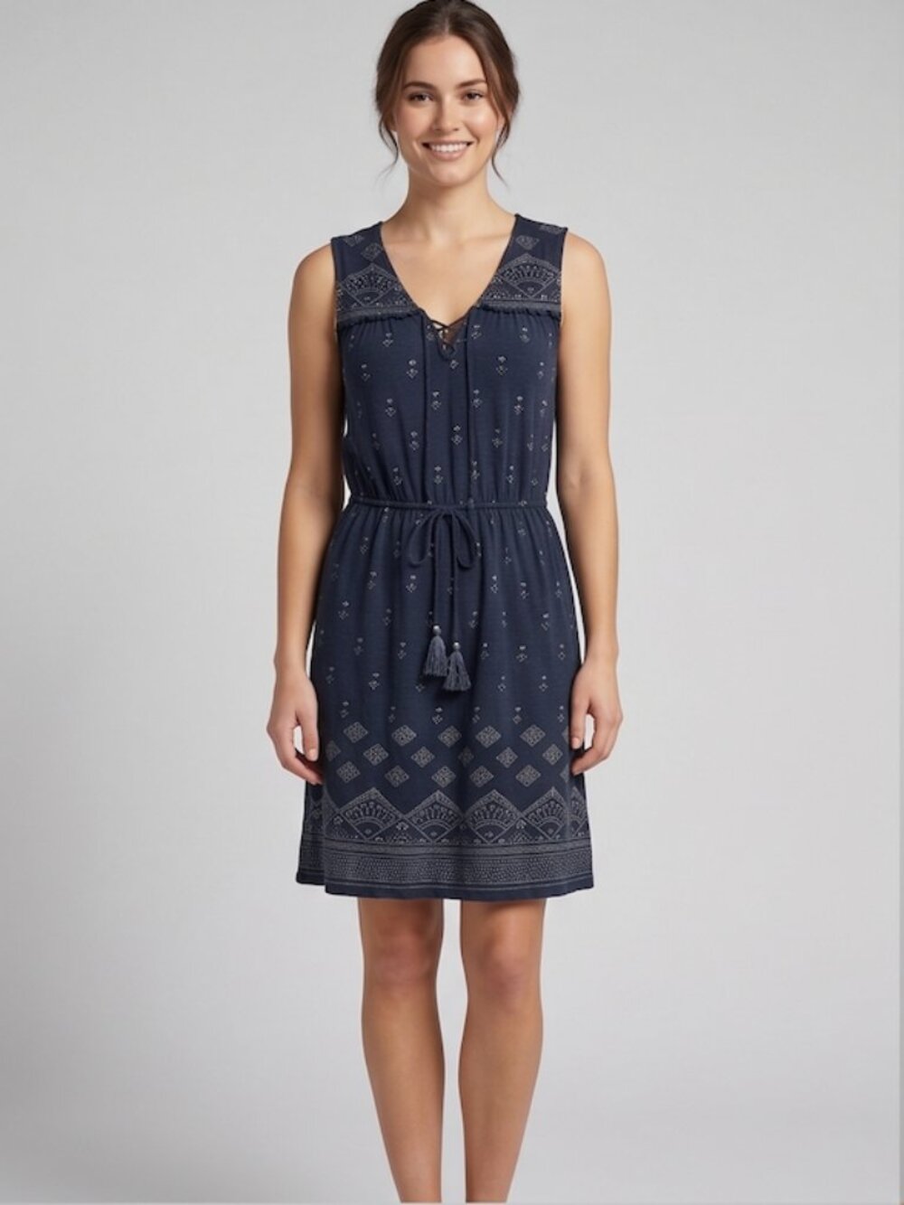 Lucky Brand Navy Embroidered Beaded Sleeveless Shift Dress Blue